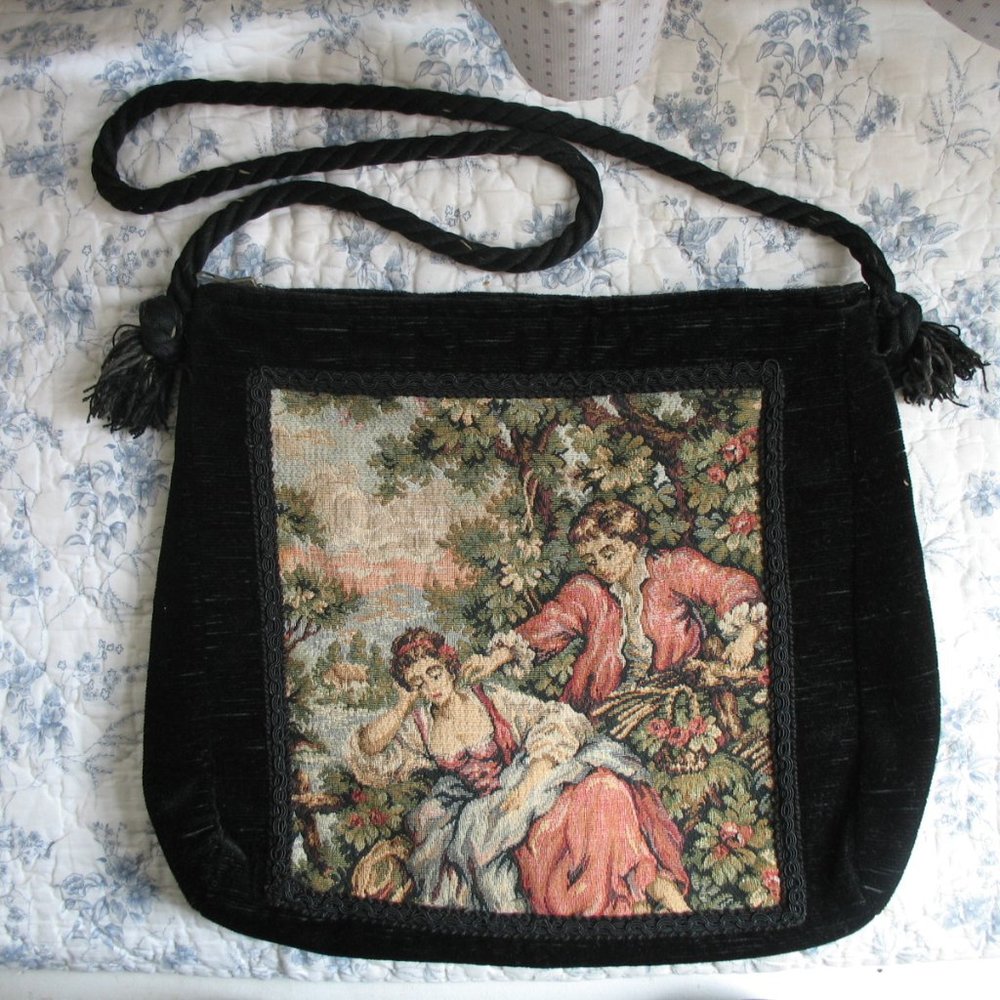 Vintage Black Velour and Tapestry Purse Italian